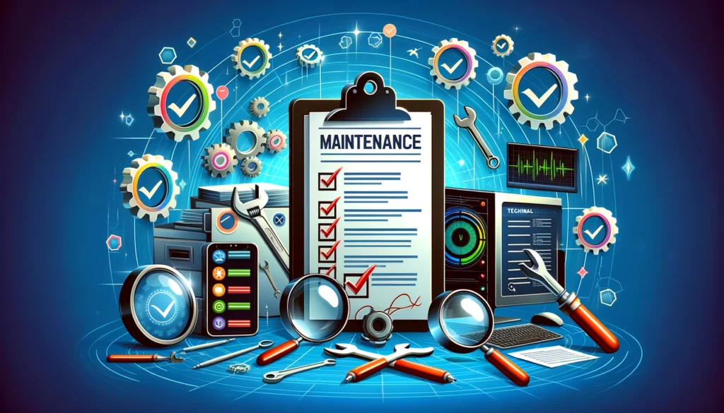 DALL·E 2024 03 09 00.25.03 Visualize a comprehensive maintenance checklist with an emphasis on technical health checks. This image features diagnostic tools and a checklist ador