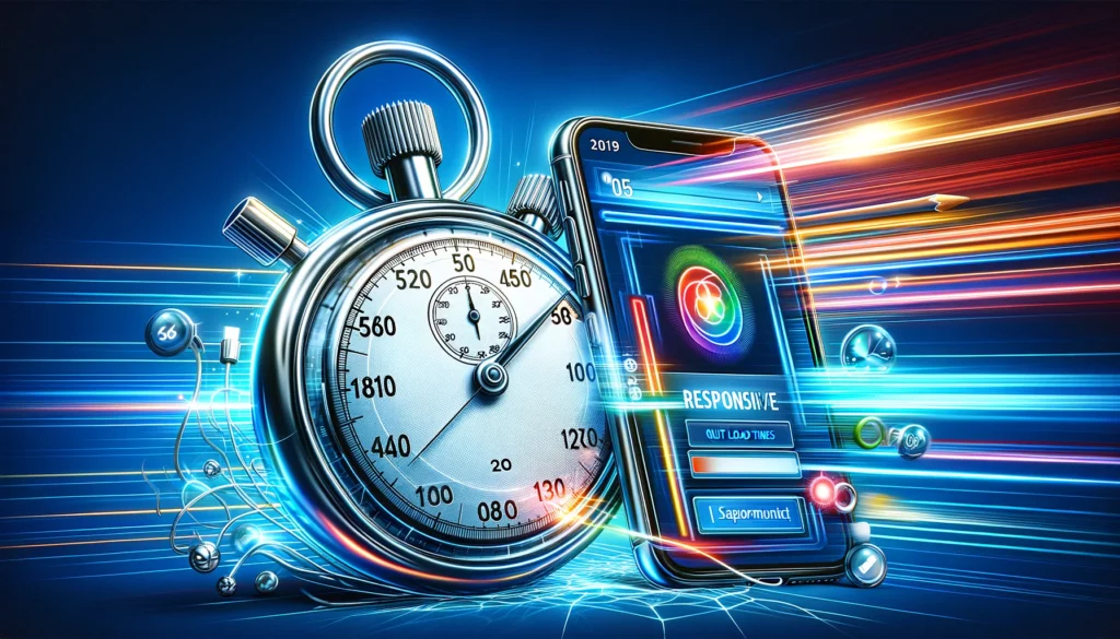 DALL·E 2024 03 09 00.32.19 Visualize an image featuring a stopwatch and a mobile device displaying a responsive website symbolizing speed optimization and mobile responsiveness